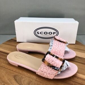 Scoop Rolie Buckle Slides Womens 11 Pink Raffia Slip On Sandals Comfort